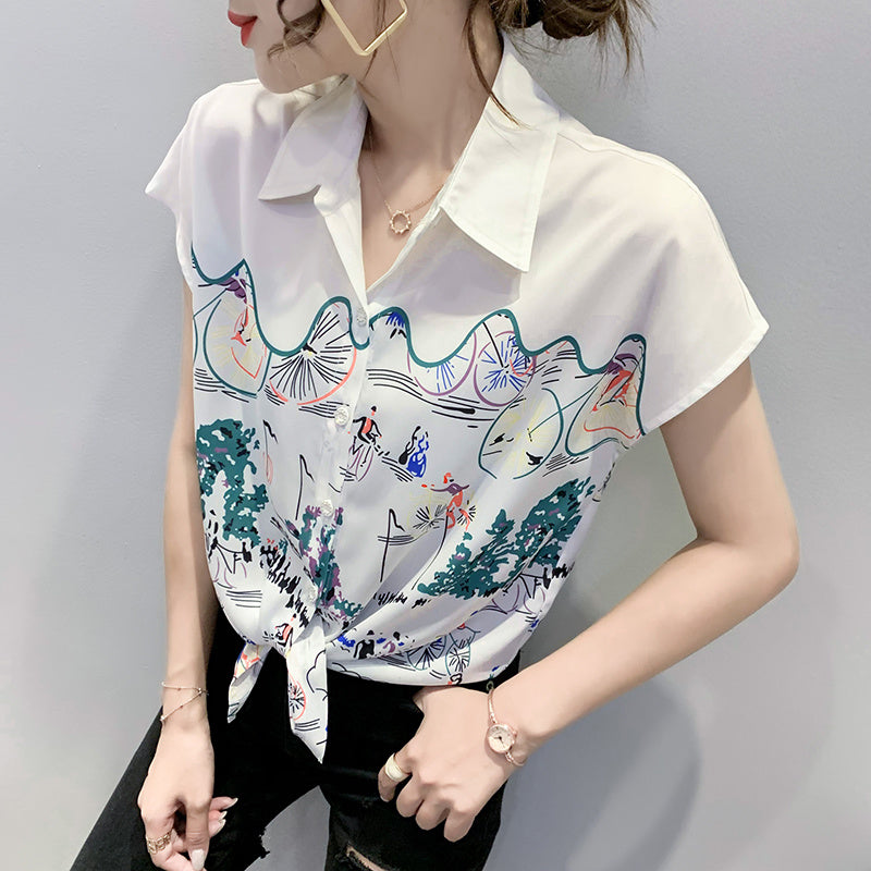 Entertainment Graphic Print Lapel Chiffon Shirt