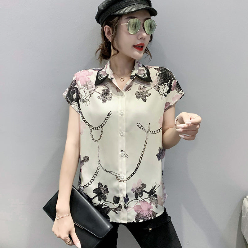 Entertainment Graphic Print Lapel Chiffon Shirt