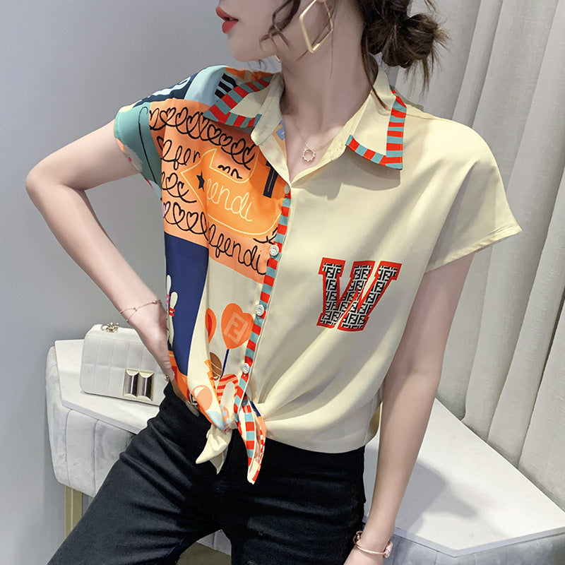 Entertainment Graphic Print Lapel Chiffon Shirt