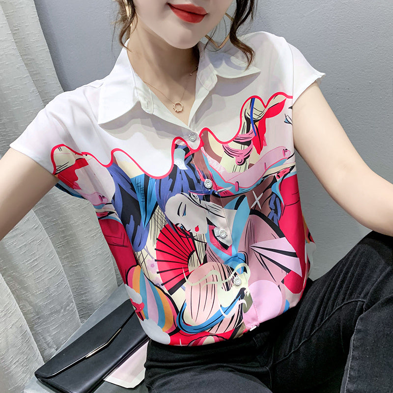 Entertainment Graphic Print Lapel Chiffon Shirt