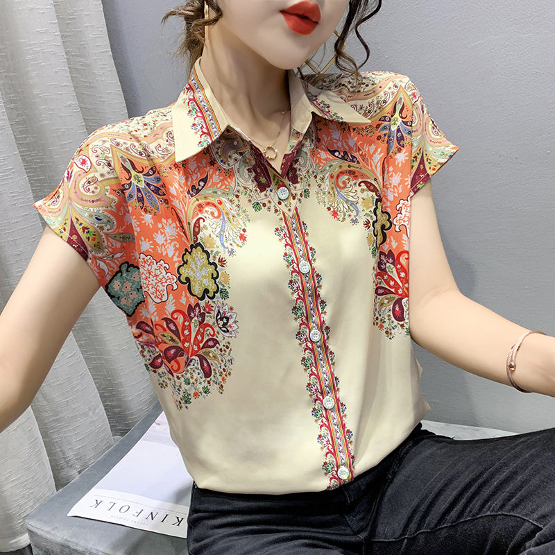 Entertainment Graphic Print Lapel Chiffon Shirt